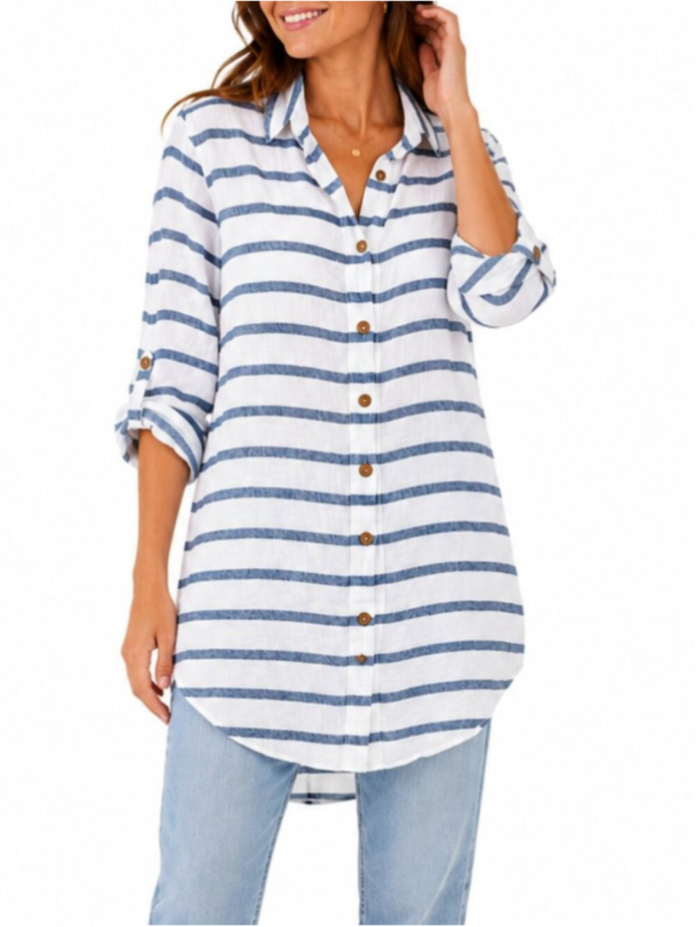 VIOLA BORGHI Linen Button Front Tunic Top White Blue SM 3/4 Sleeve Coastal Boho